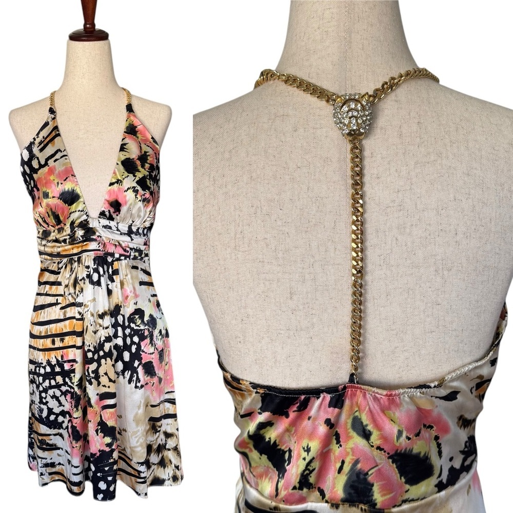 Y2K Sky Multicolor Halter Mini Dress with Gold Chain & Rhinestone Tiger Charm M